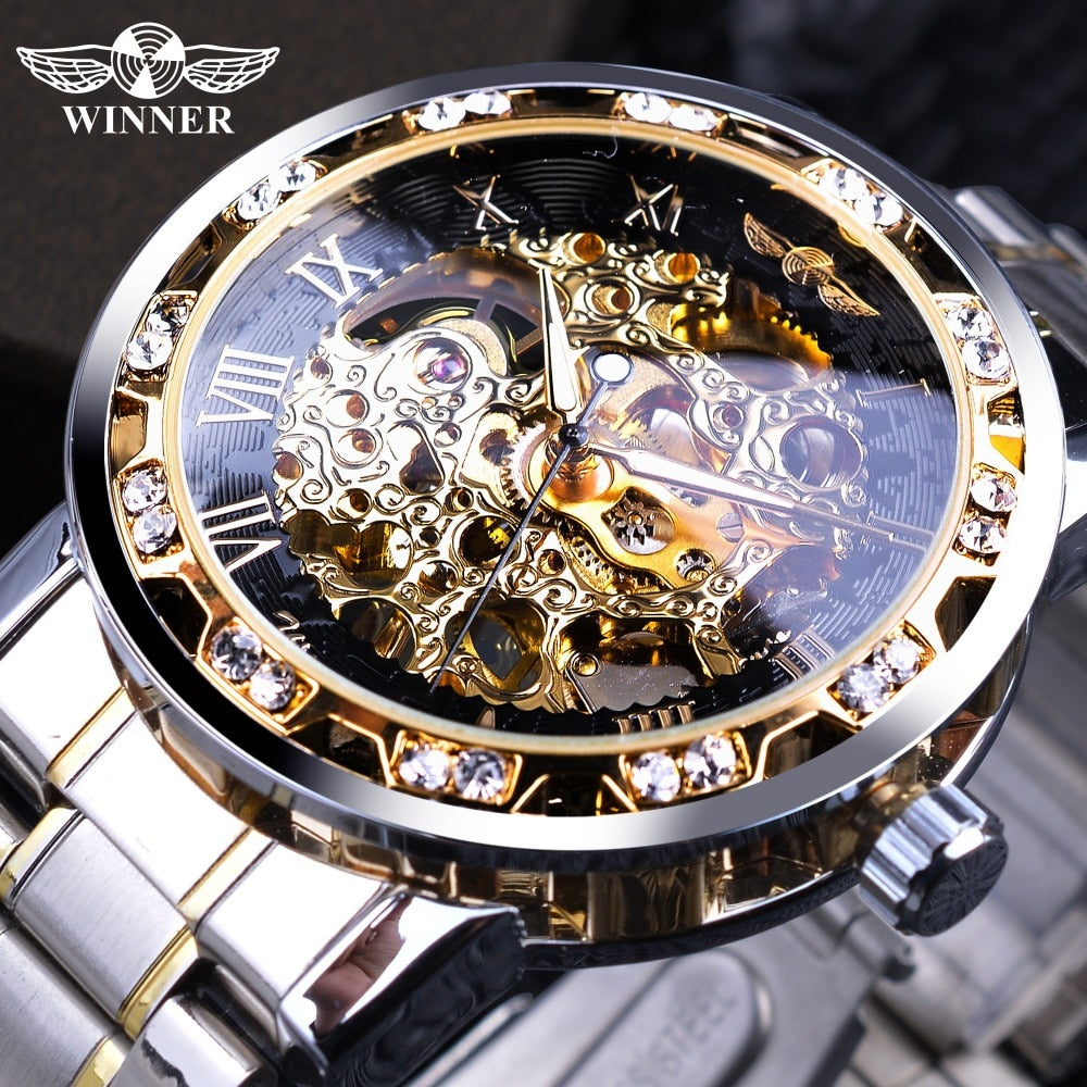 Winner Transparent Fashion Diamond Display Luminous Hands Gear Movement Retro Royal Design Men Mechanical Skeleton Wrist Watches